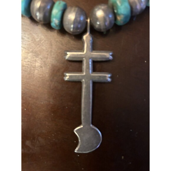 VTG Native American Silver Turquoise Bead Necklace Isleta Cross Dragonfly - Picture 2 of 12